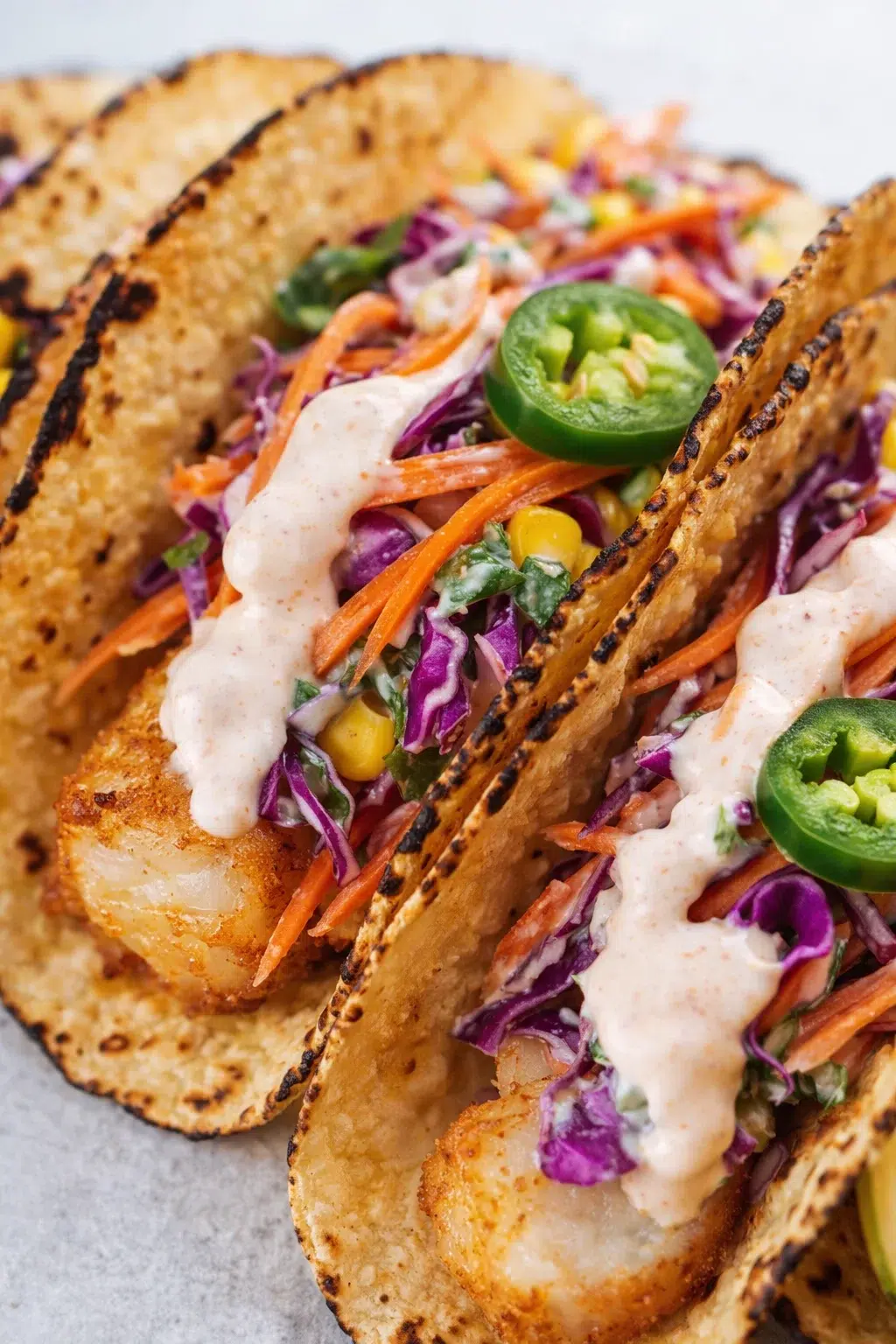 cod fish tacos with cilantro slaw and creamy sauce