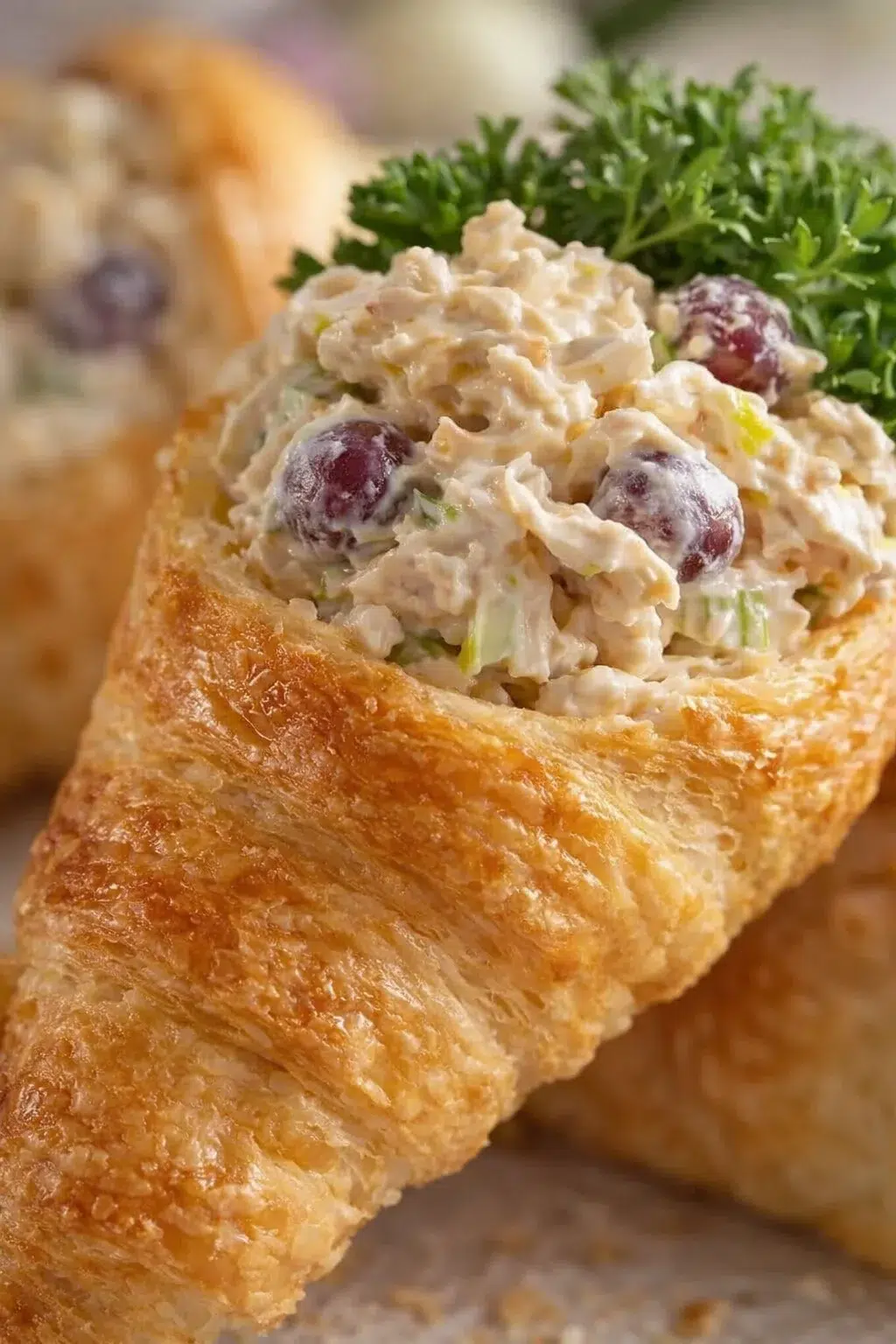 Flaky croissant filled with creamy chicken salad, grapes, and celery.