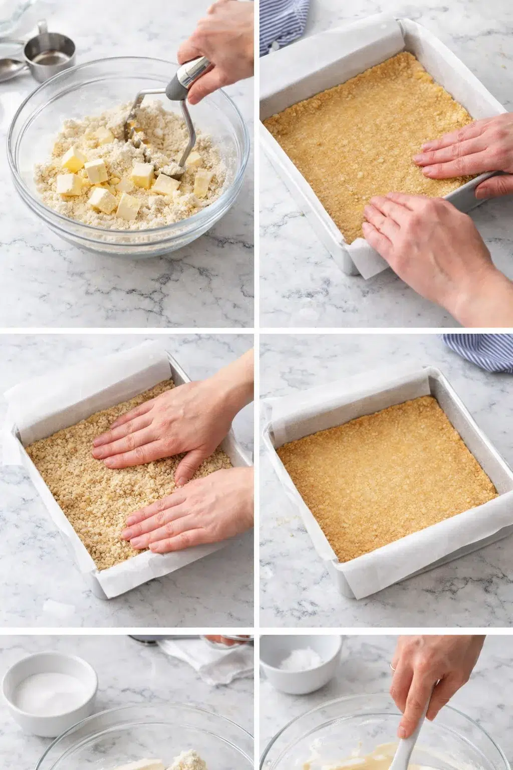 collage of hands making a crumb crust: mixing butter and flour, pressing crust into parchment-lined pan, and finishing prep on a marble counter