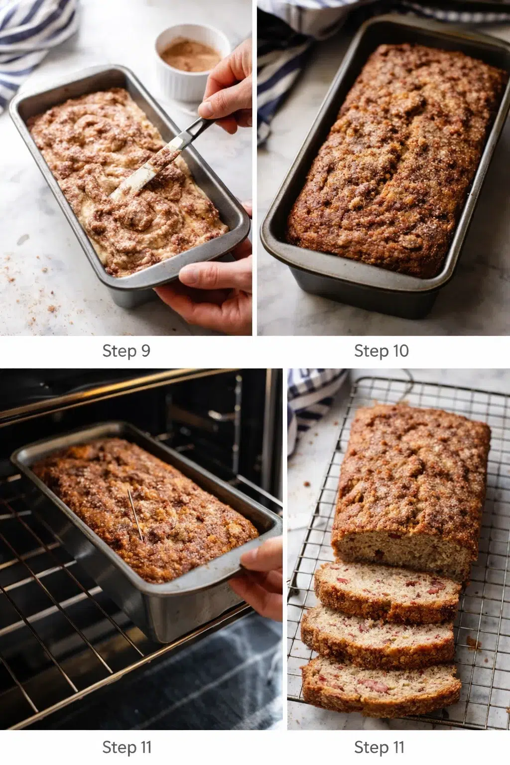 Four-panel collage showing step-by-step loaf-bread making: batter in pan, baked loaf, oven bake, and sliced loaf on rack.