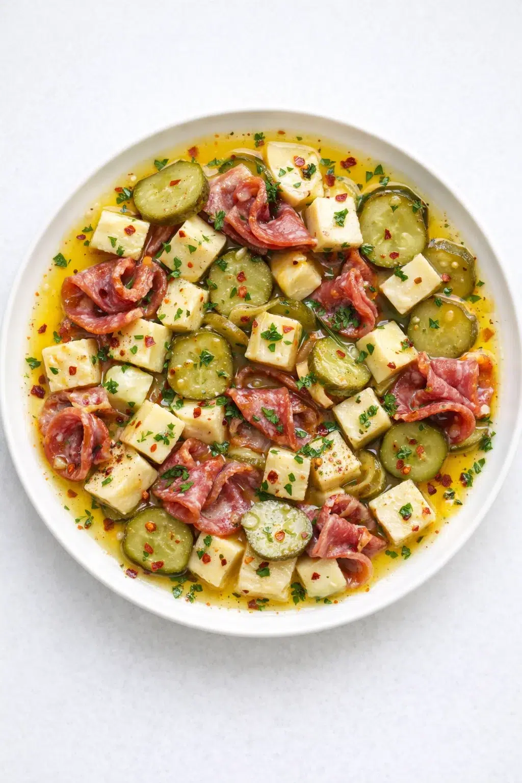 Overhead view of a white bowl with cucumber slices, feta cubes, and prosciutto in olive oil.