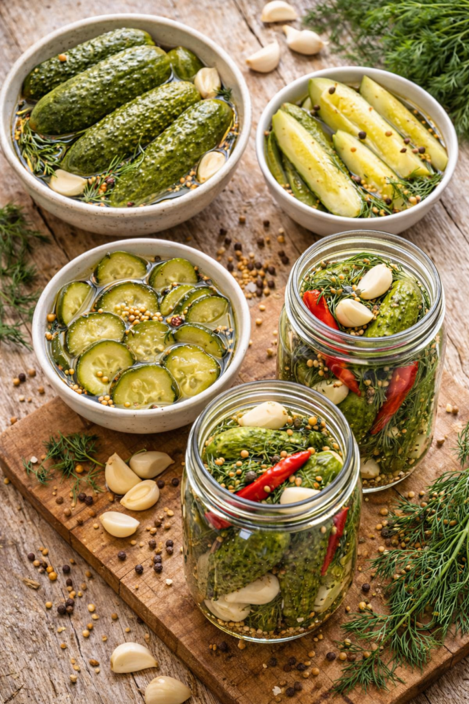 different dill pickle variations including whole pickles spears slices and spicy garlic dill pickles with chili peppers