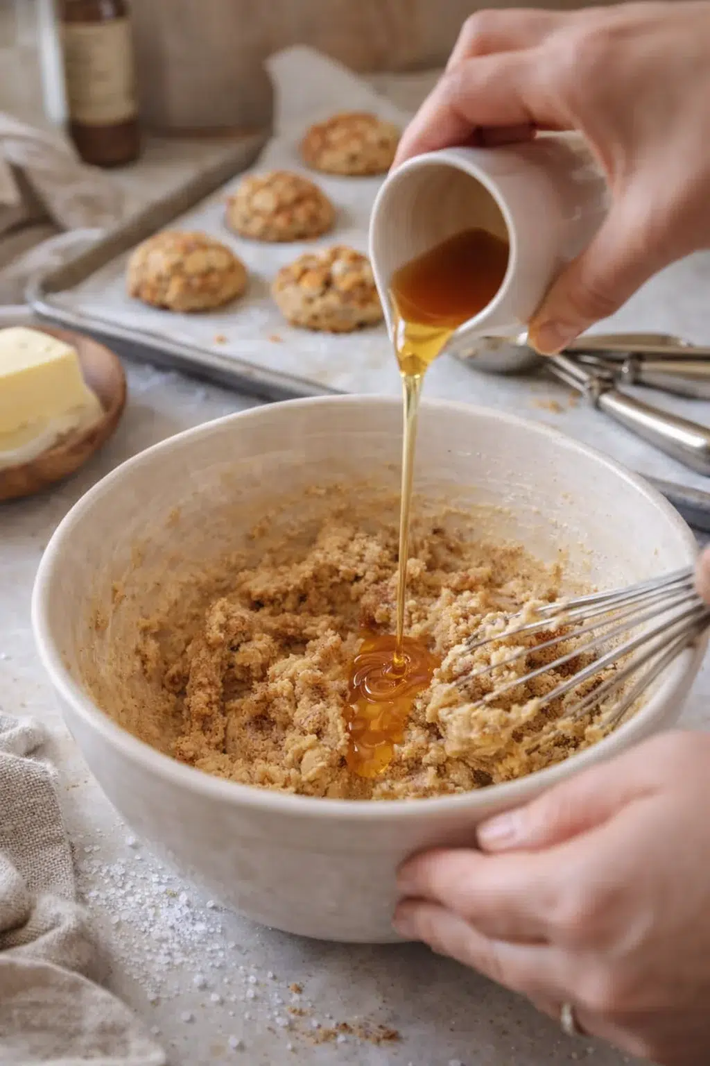 Hands pour honey into cookie dough in a mixing bowl with cookies baking on parchment in the background.