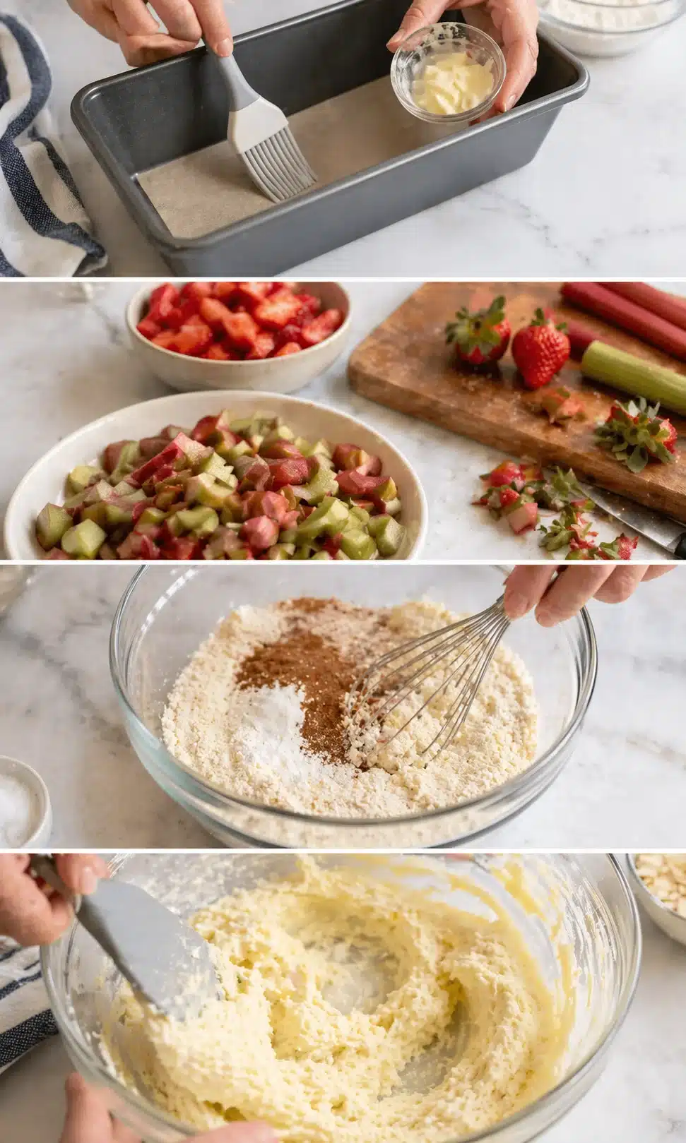 Greased loaf pan lined with parchment; bowls of sliced rhubarb, quartered strawberries, dry flour mix, and creamed butter-cream cheese.