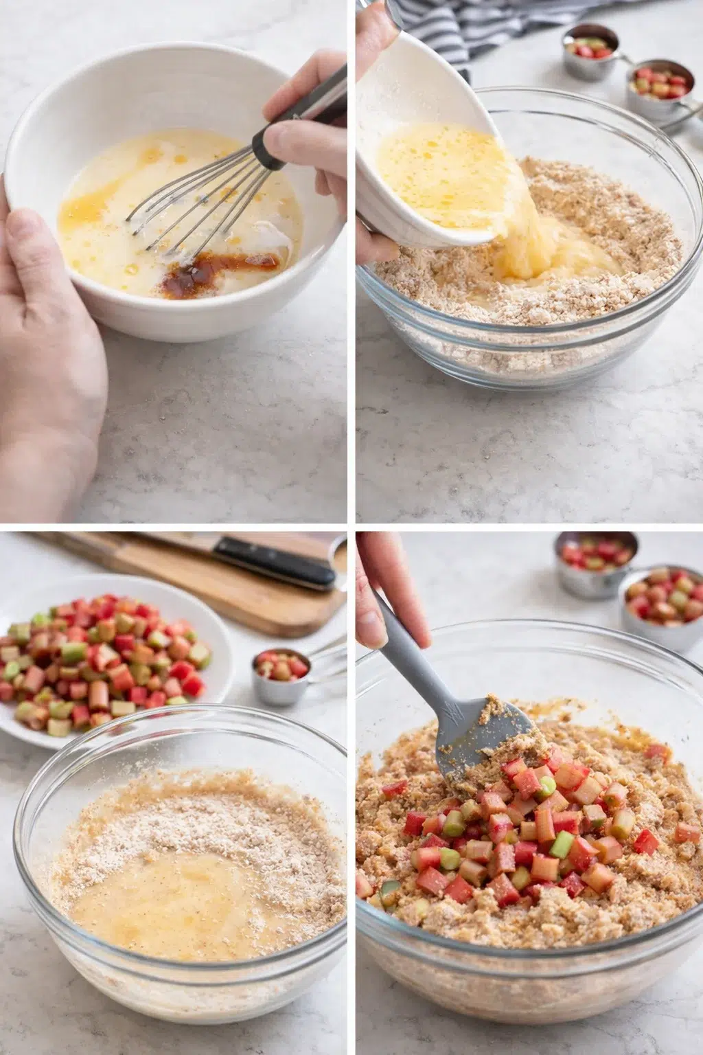Wet ingredients whisked in a bowl, then folded into dry batter with chopped rhubarb
