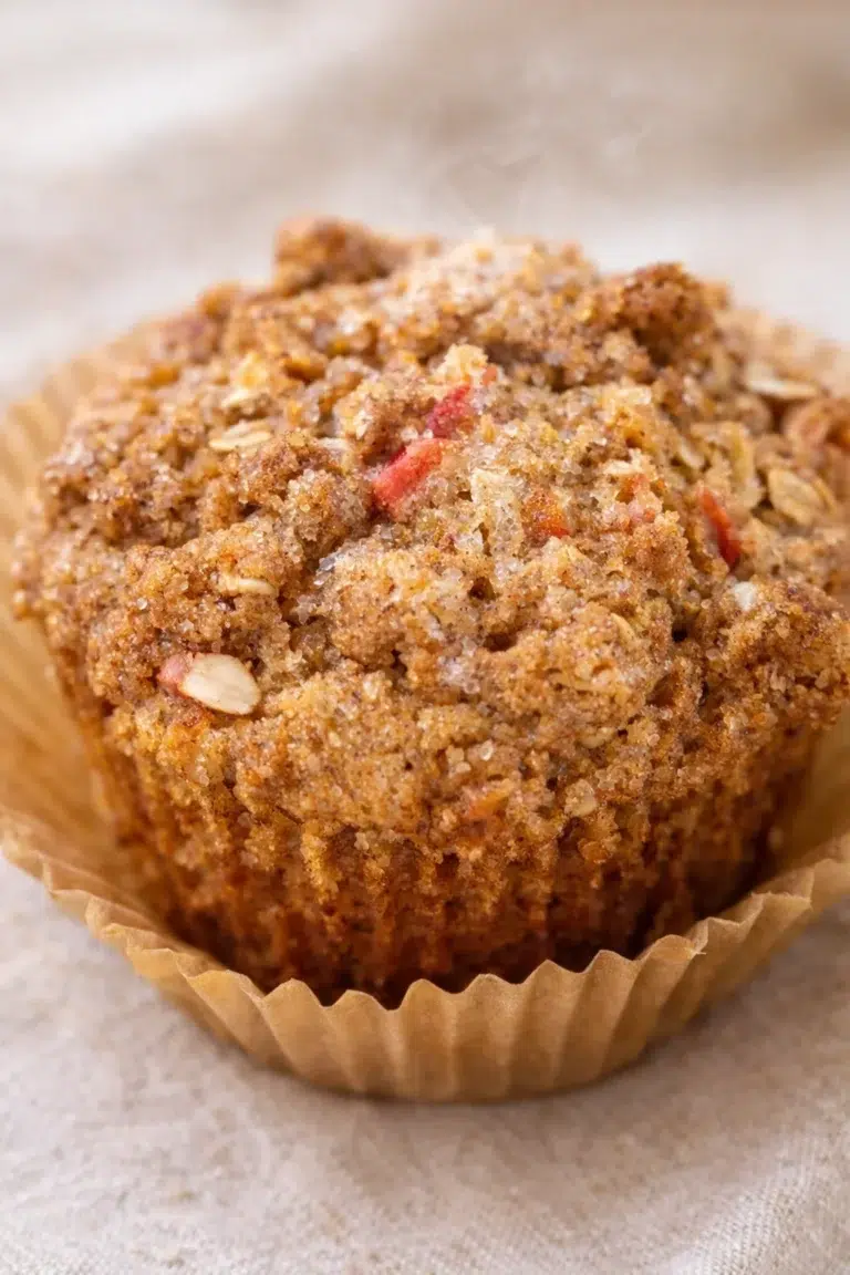 Final plated Rhubarb Muffins Recipe with Cinnamon Streusel - Hostess At Heart served as a hero shot