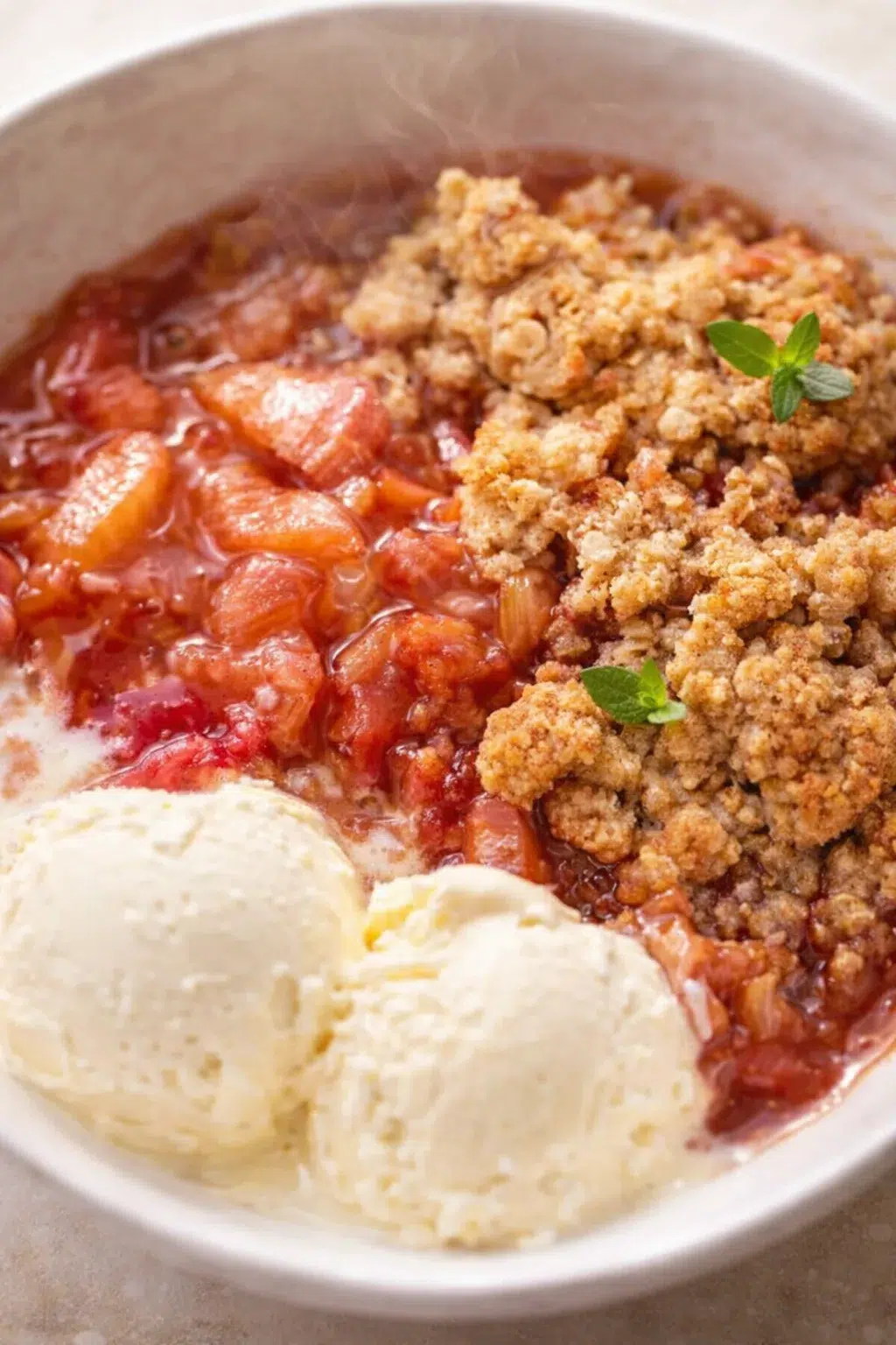 Final plated Easy Rhubarb Crisp Recipe [+ Video] - Savory Nothings served as a hero shot