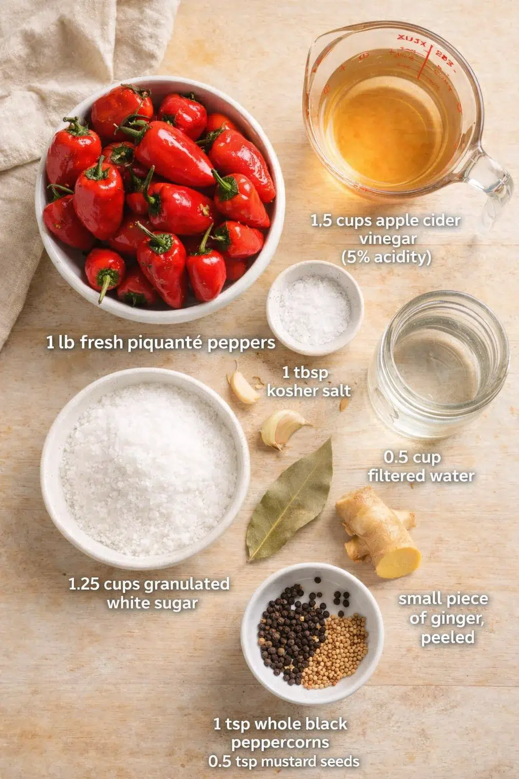 Measured ingredients arranged for Pickled Peppadew Peppers - Ready in 30 Min - Zestful Meals: 1 lb fresh piquanté peppers, 1 tbsp kosher salt, 1.5 cups apple cider vinegar (5% acidity), 0.5 cup filtered water, 1.25 cups 