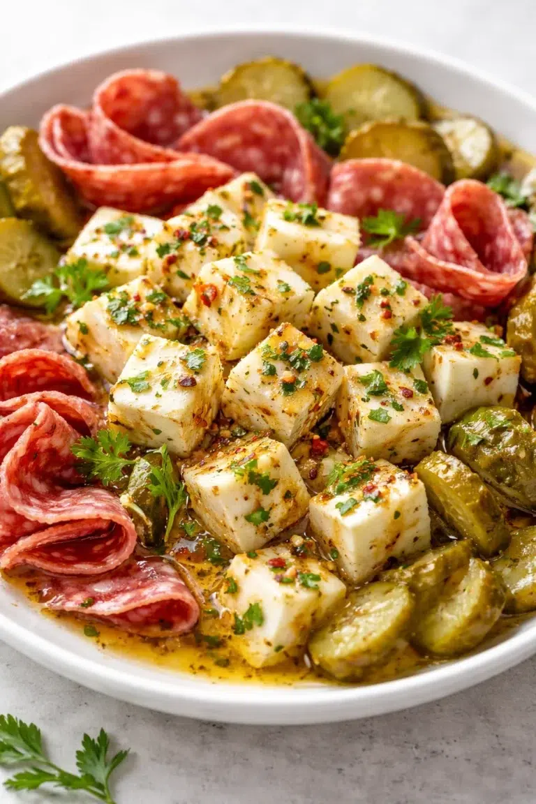 bowl of feta cubes marinated in oil with herbs, surrounded by salami slices and roasted vegetables