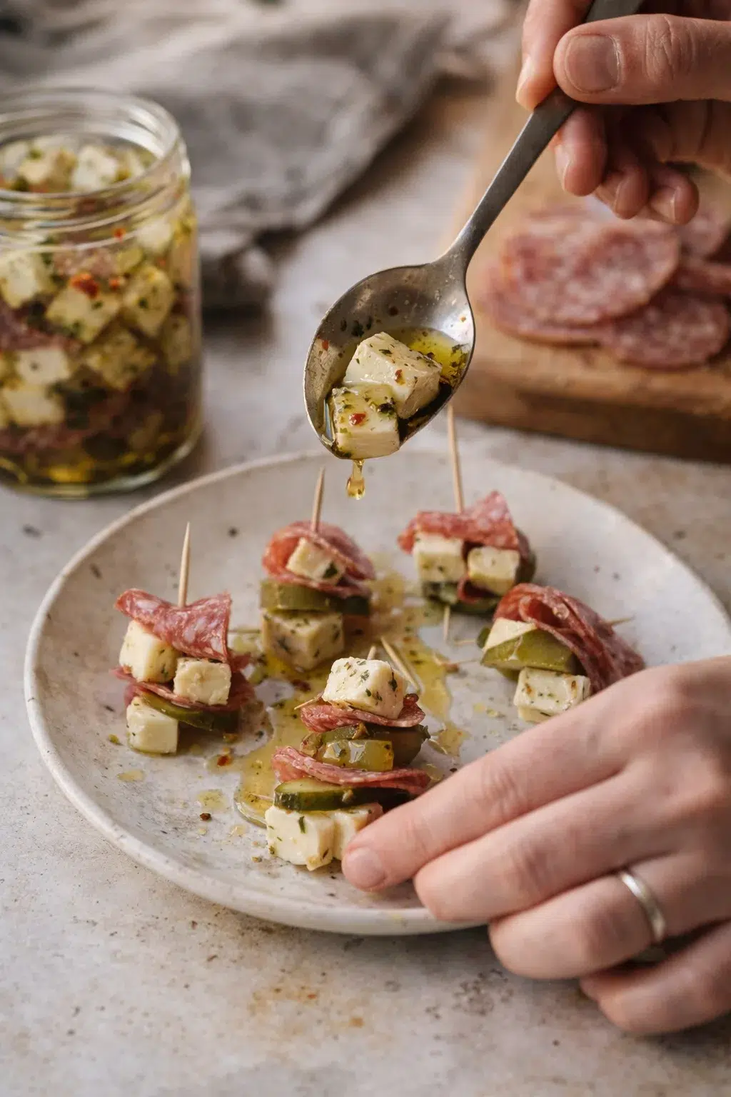close-up of feta, cucumber, and salami skewers on a plate being drizzled with olive oil