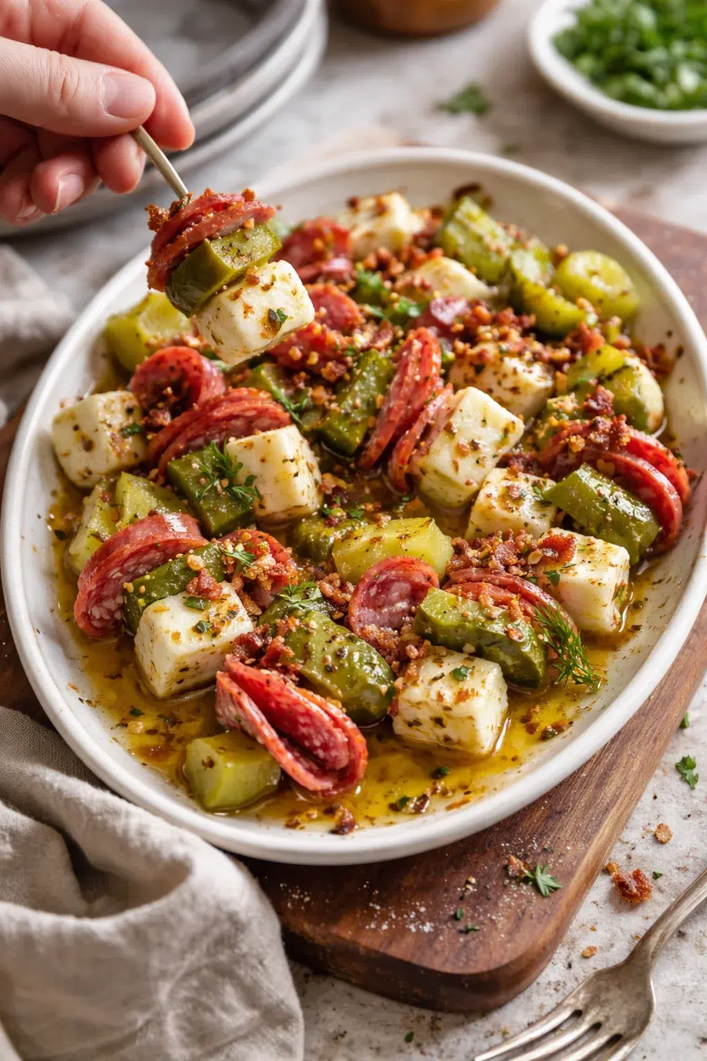 oval white dish with feta cubes, green peppers, salami slices, and herbs in olive oil