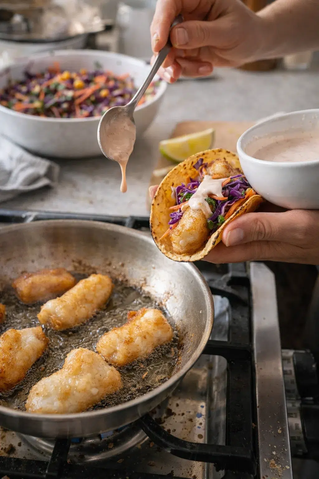 Hands assemble a fish taco with crispy fish, purple cabbage slaw, and creamy sauce on a stove-top kitchen.