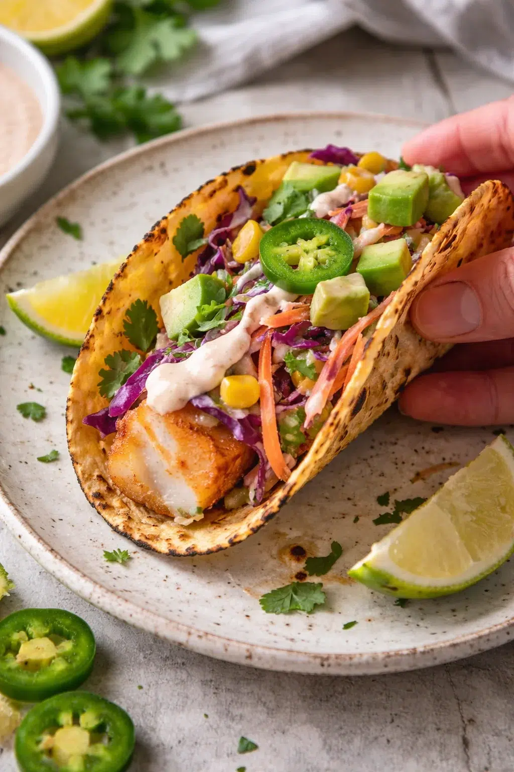 grilled fish taco with avocado, cabbage slaw, jalapeño on a ceramic plate