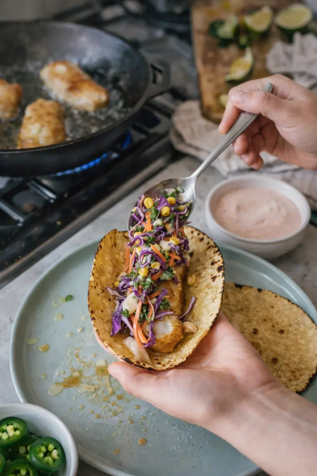 A hand holds a fish taco topped with purple cabbage slaw and corn, with a frying pan in the background.