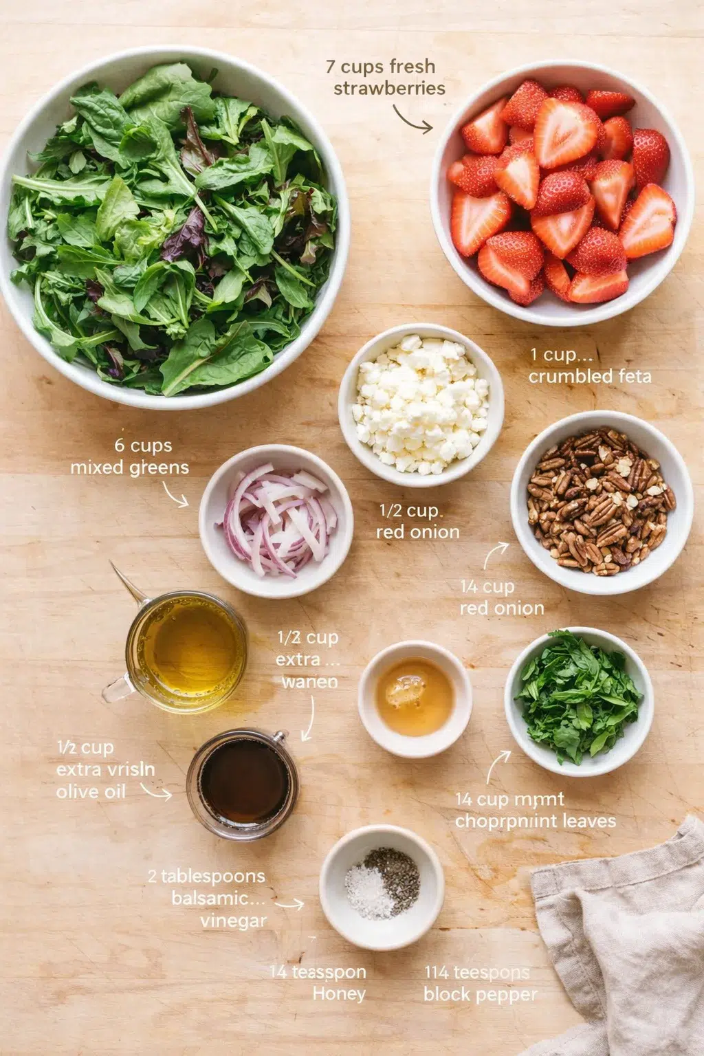Top-down view of a wooden board with fresh greens, berries, feta, and dressing ingredients in bowls.