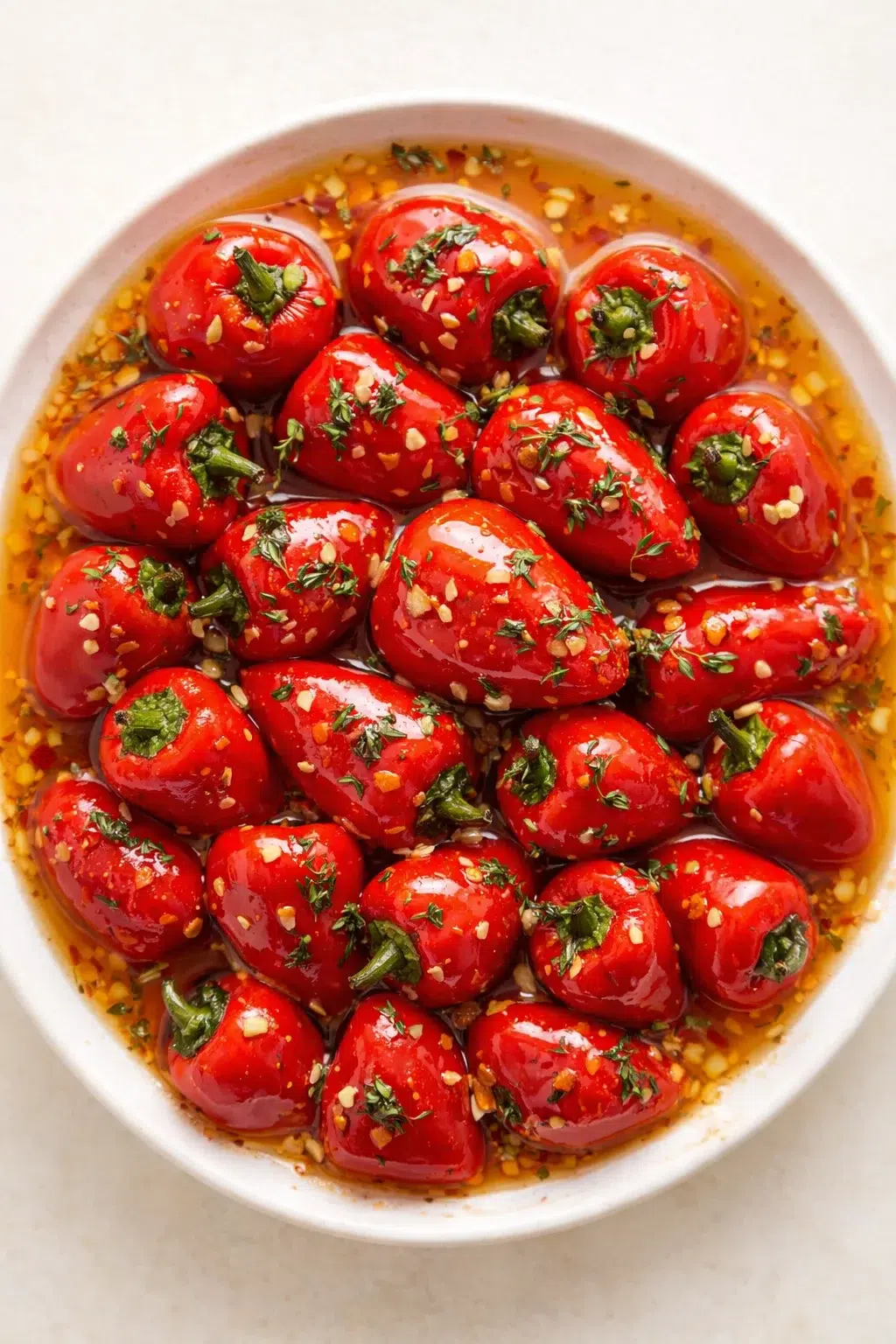 Glossy red peppers marinated in garlic-herb oil, garnished with herbs in a white bowl.