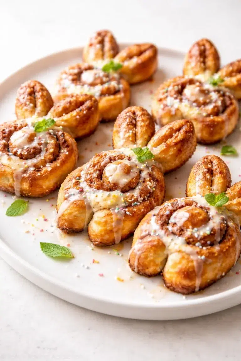 Golden-brown cinnamon rolls with white glaze and mint leaves on a white plate.