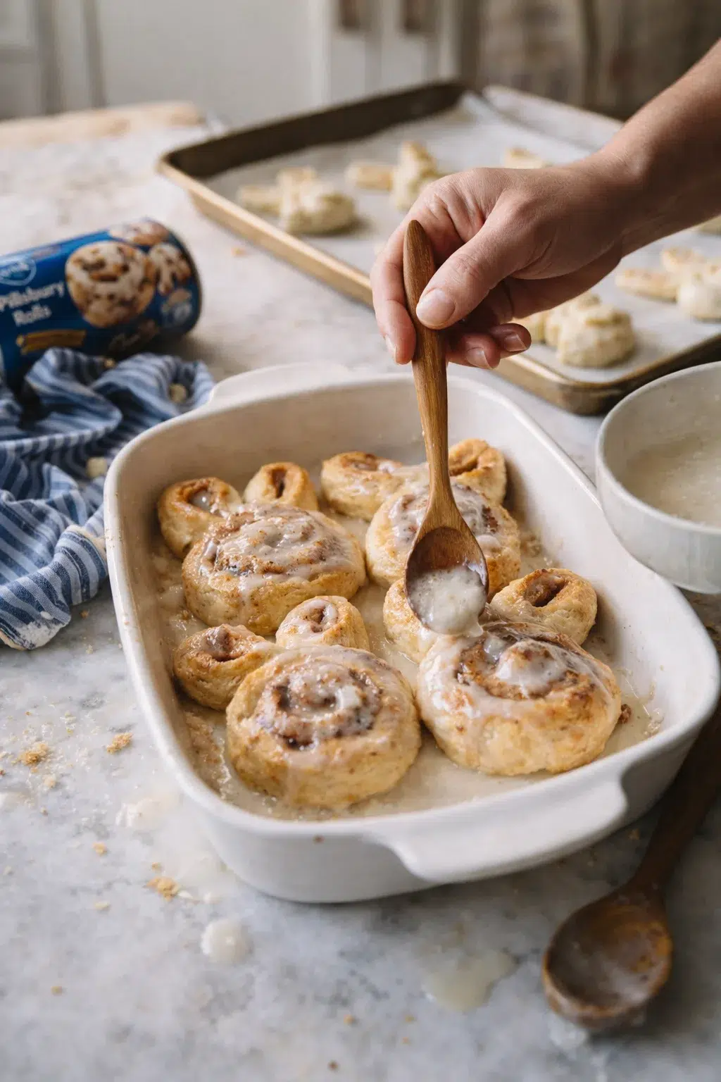 hand drizzling icing over cinnamon rolls in a white baking dish, tray of unglazed rolls in background