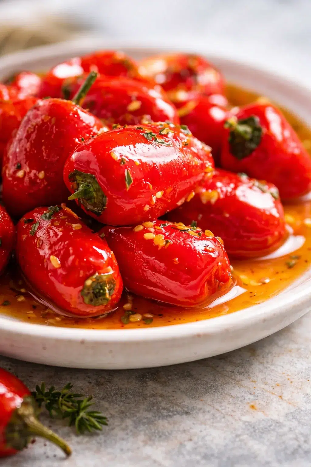 Glossy red peppers glazed in oil on a white plate, garnished with herbs.