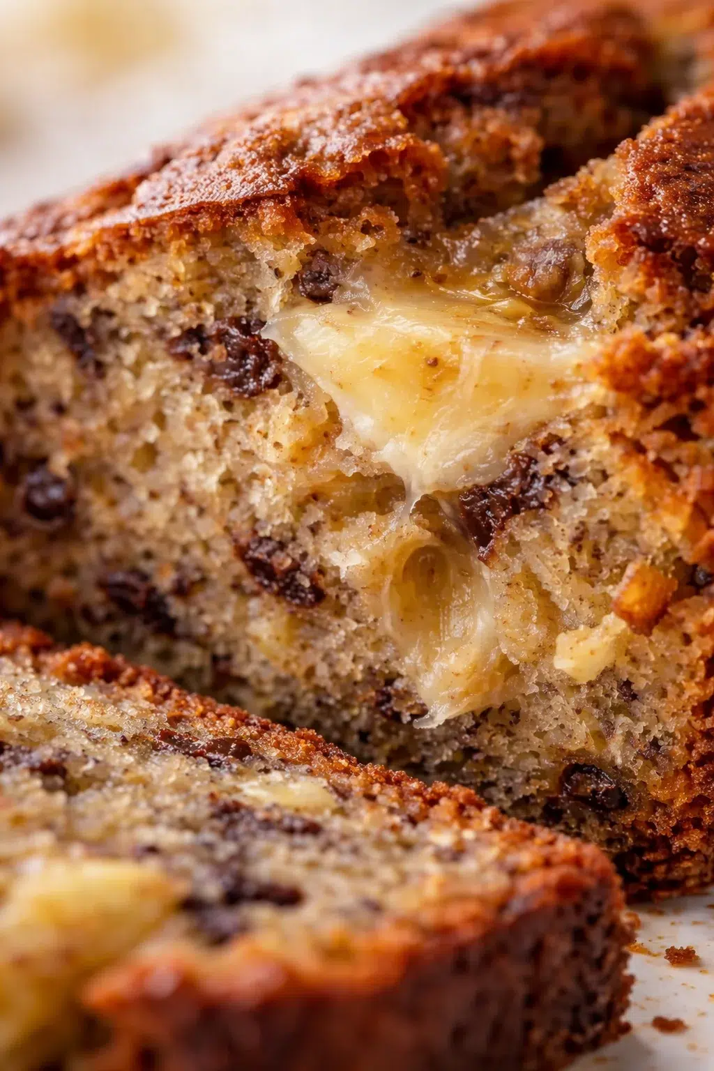 Close-up of gooey cheese-filled banana bread slice with a golden crust.