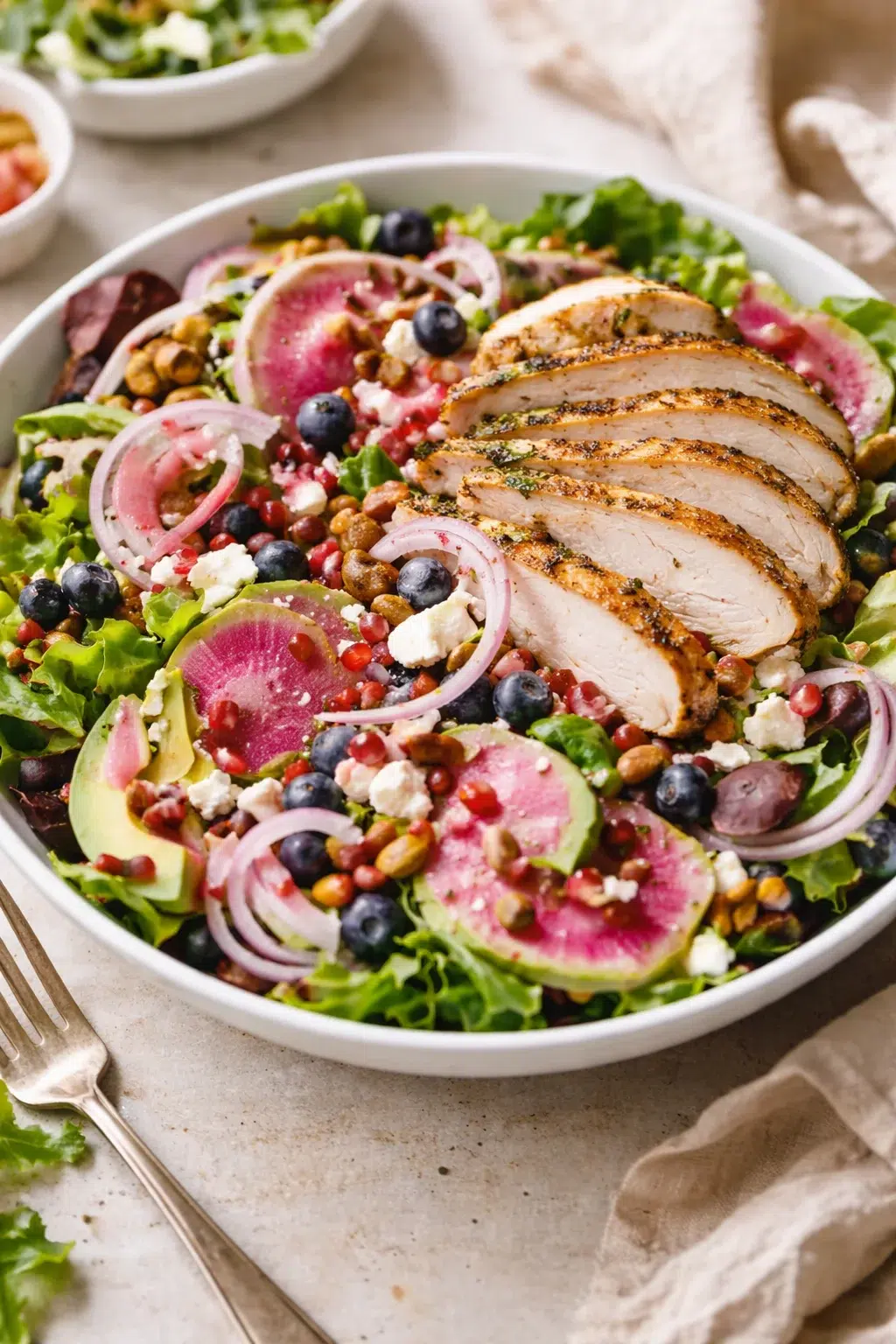 A vibrant bowl of mixed greens topped with sliced grilled chicken, avocado, radish, red onion, berries, feta, and nuts.