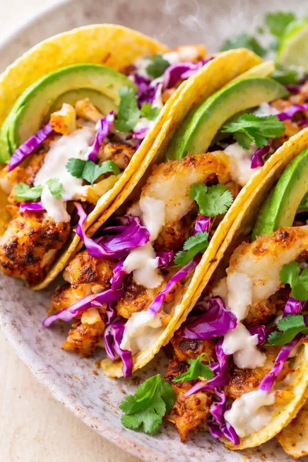 Three tacos filled with grilled chicken, avocado, purple cabbage, cilantro, and crema on a plate.