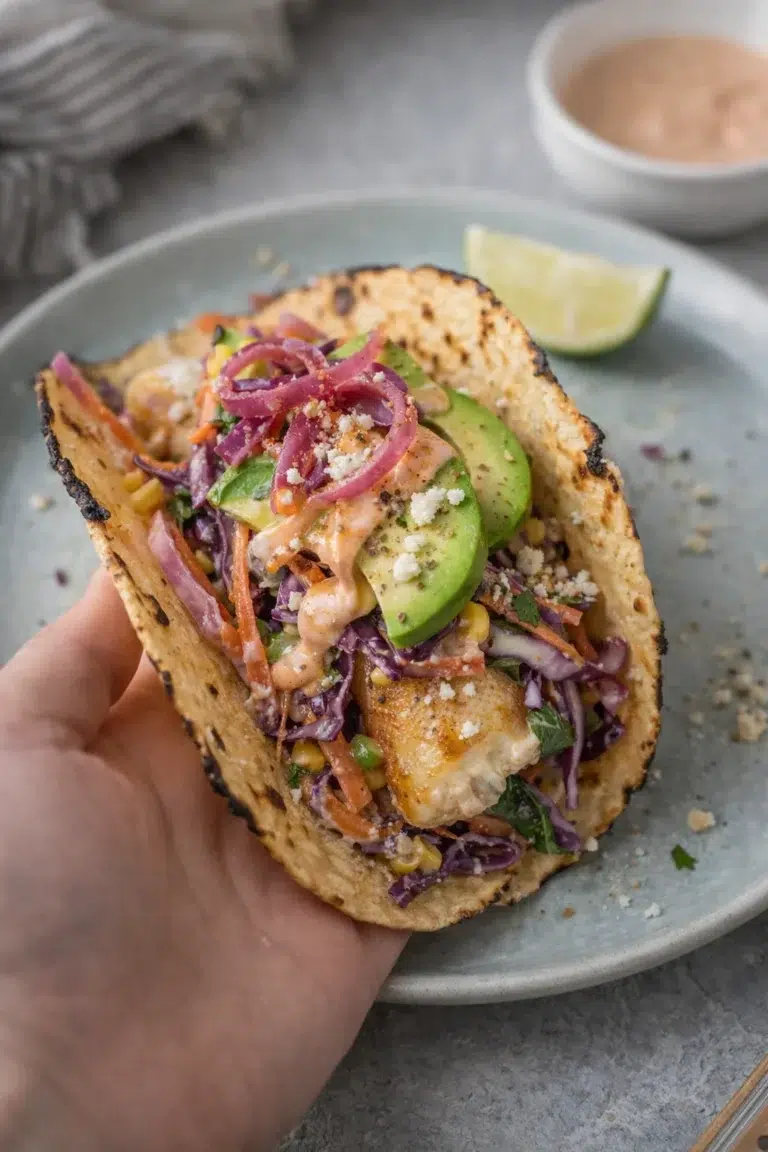hand-held soft tortilla taco filled with grilled fish, avocado, red onion, purple cabbage slaw, corn, and crema.