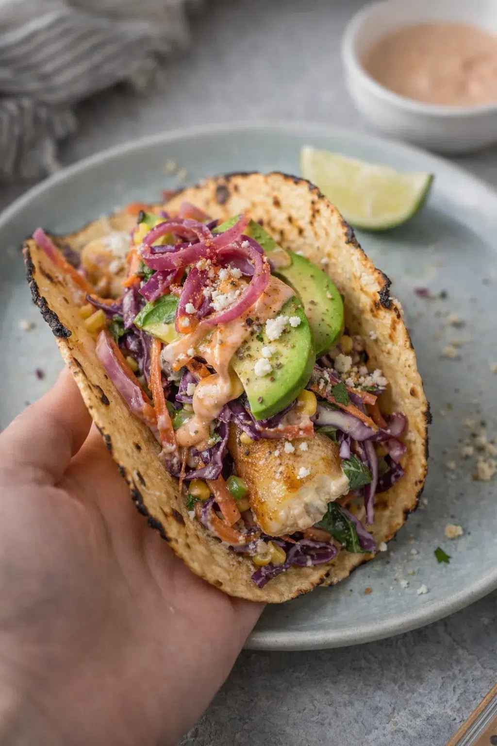 hand-held soft tortilla taco filled with grilled fish, avocado, red onion, purple cabbage slaw, corn, and crema.