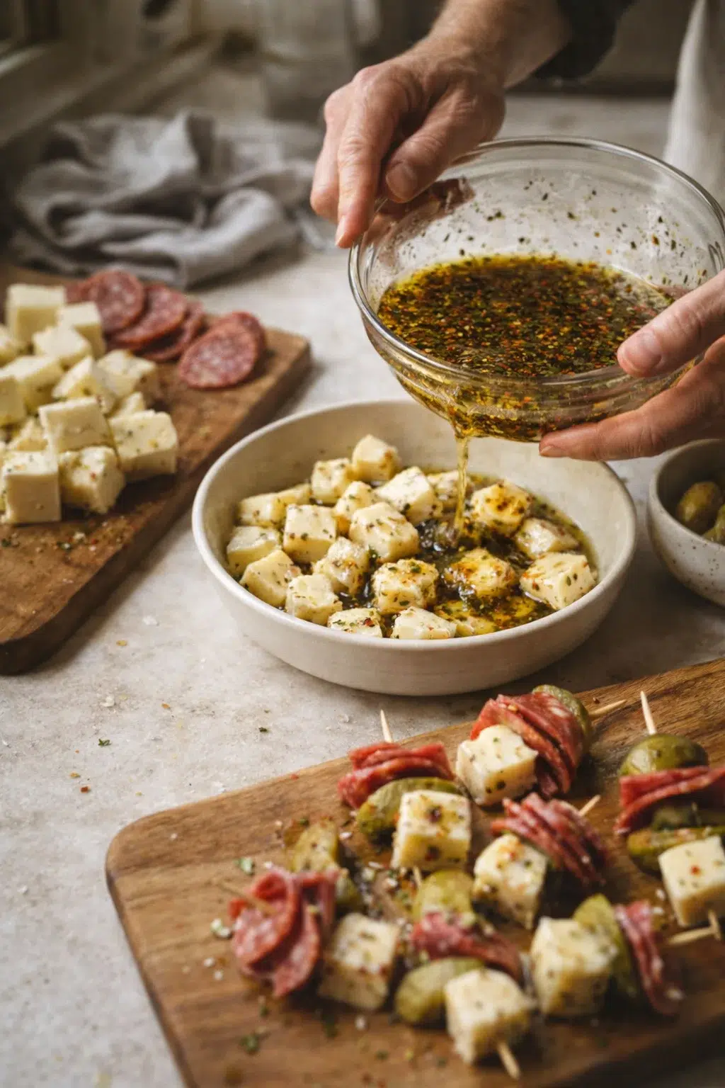 Hands pouring herb-infused oil over cubed cheese in a white bowl; rustic boards with salami nearby.