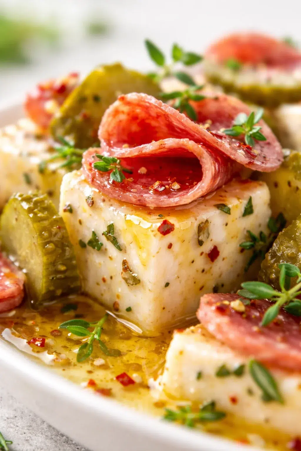 Close-up of herb-speckled cheese cubes topped with curled salami slices.