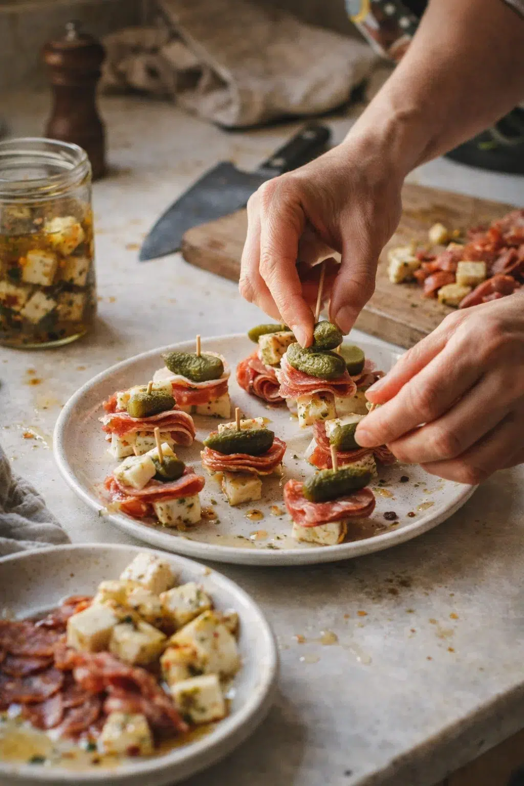 Hands assembling cheese, salami, and olive skewers on a plate.