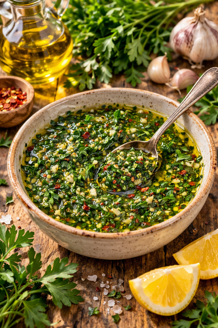 Fresh homemade chimichurri sauce in a bowl with parsley, garlic and olive oil