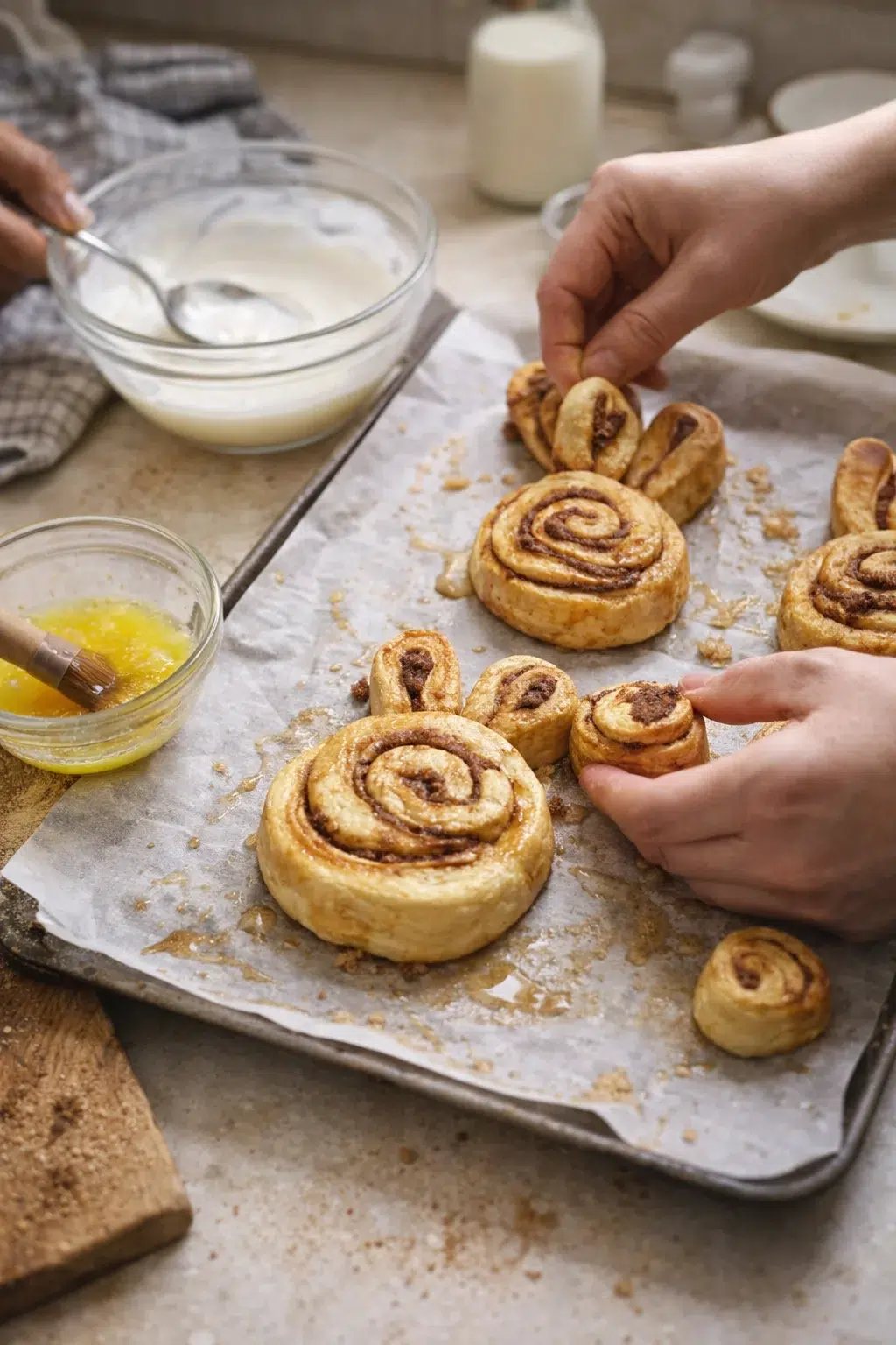 Golden cinnamon rolls on parchment with hands picking up one; bowls of frosting and melted butter nearby.