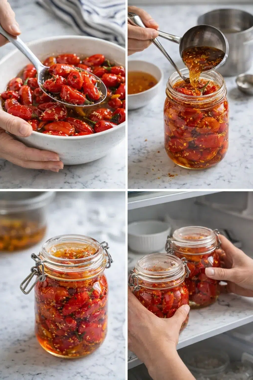 Four-panel collage showing red pickled chili peppers being prepared and jarred on a marble countertop.