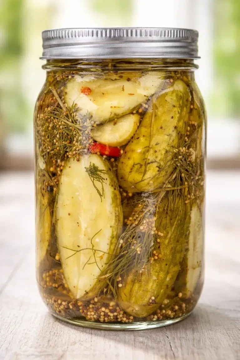 glass mason jar filled with cucumber pickles, dill, mustard seeds, and spices in brine.