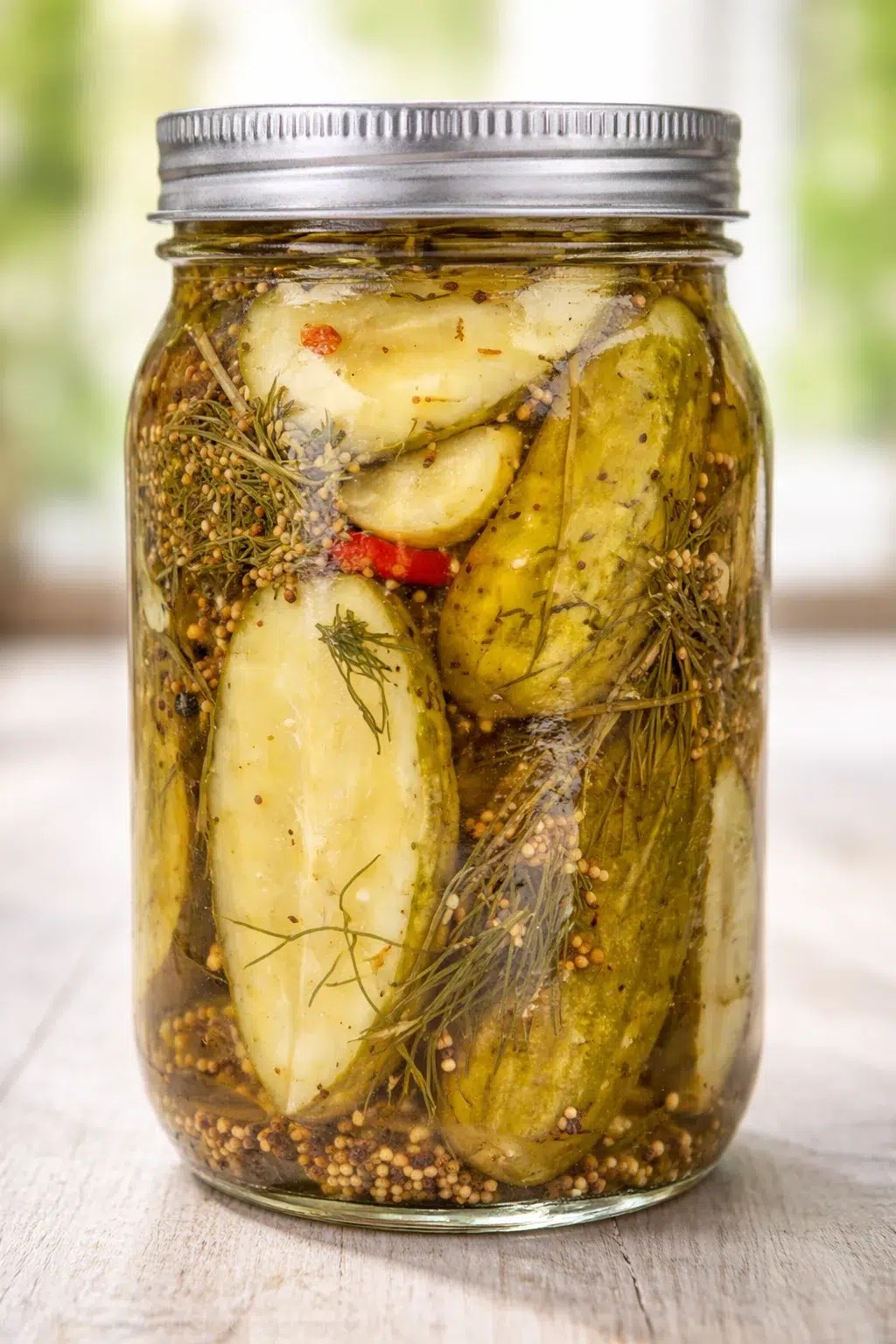 glass mason jar filled with cucumber pickles, dill, mustard seeds, and spices in brine.