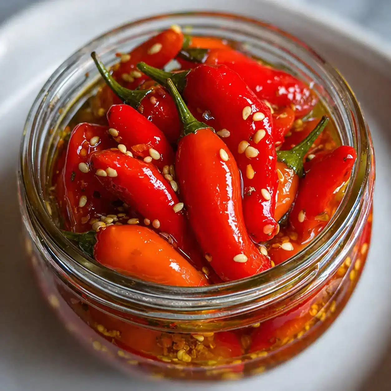 Bright red pickled peppers with seeds in a glass jar, ready to enjoy