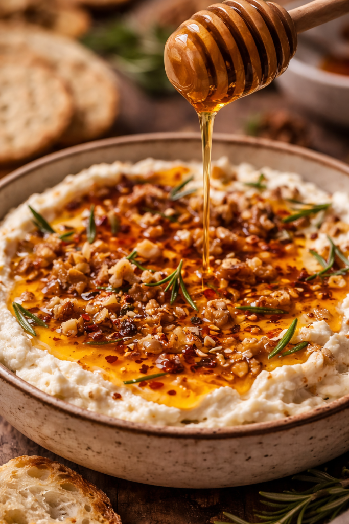 hot honey being drizzled over creamy goat cheese dip close up