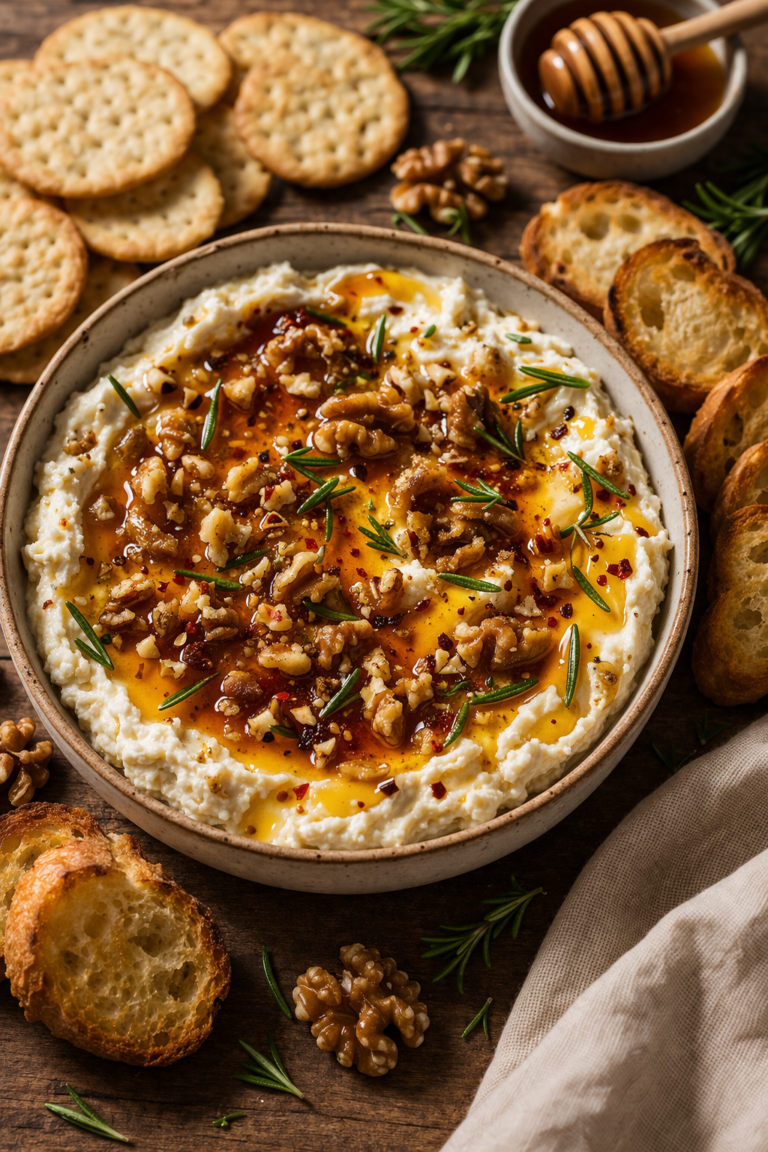hot honey goat cheese dip with walnuts and rosemary