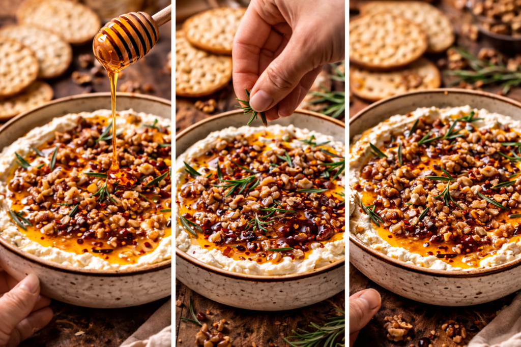 drizzling hot honey and adding toppings to goat cheese dip ready to serve