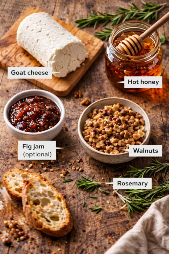 ingredients for hot honey goat cheese dip including goat cheese honey and walnuts