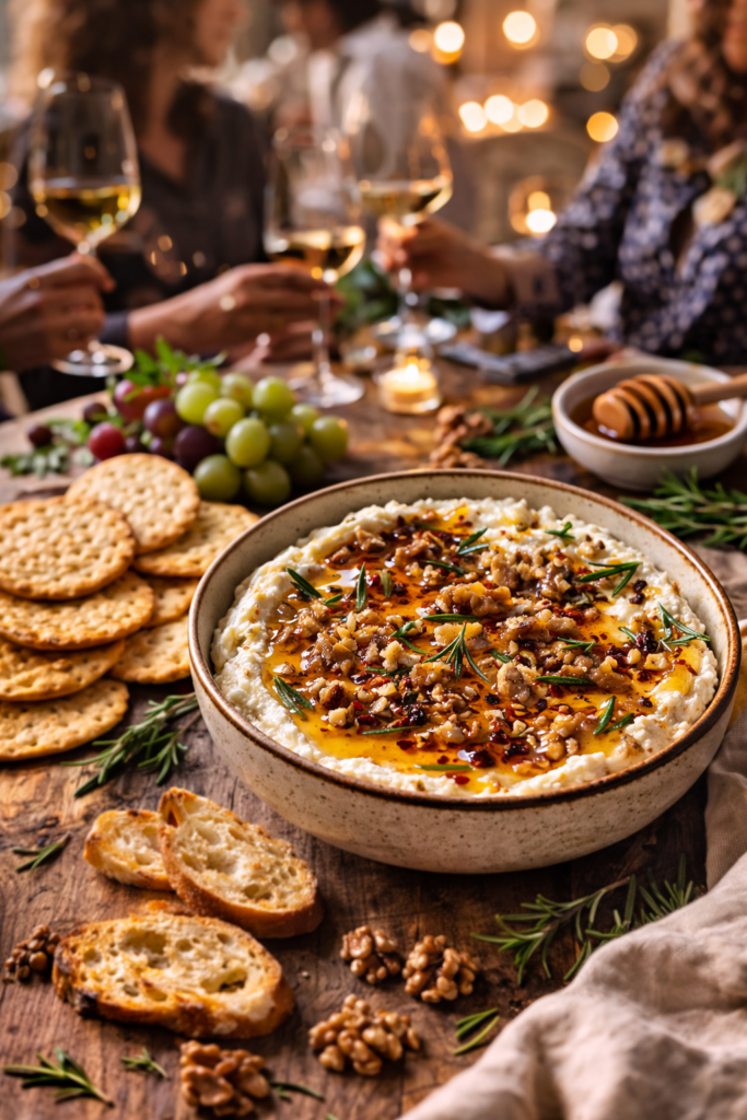 hot honey goat cheese dip with walnuts and rosemary in a rustic bowl