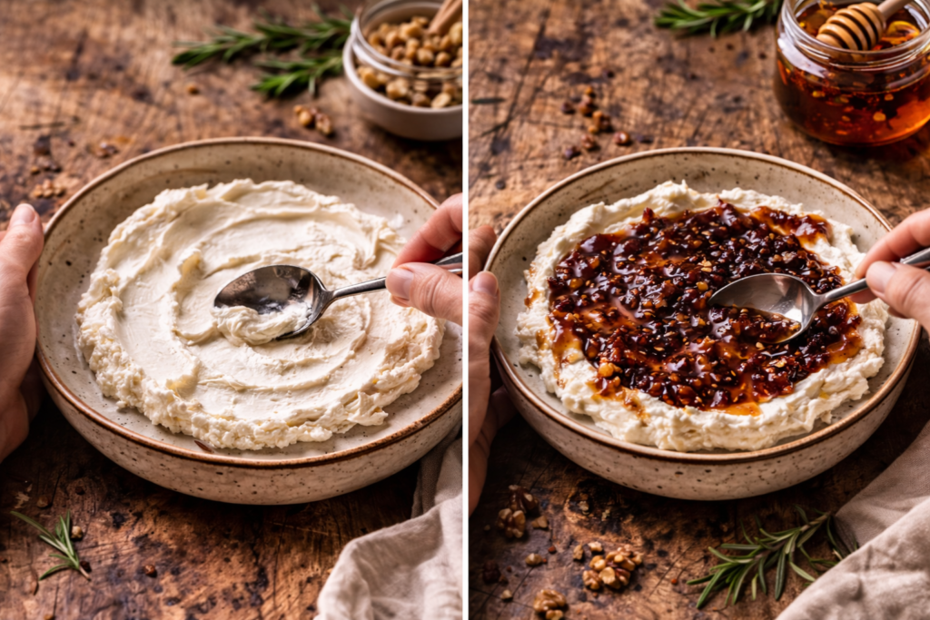 spreading goat cheese and adding fig jam for goat cheese dip recipe