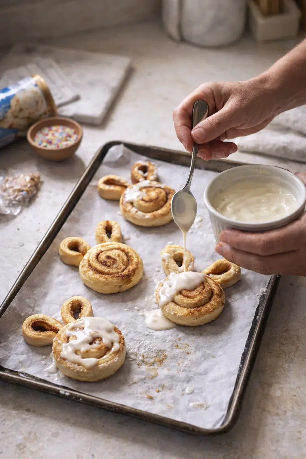 a hand drizzling white icing over cinnamon rolls on parchment-lined baking sheet