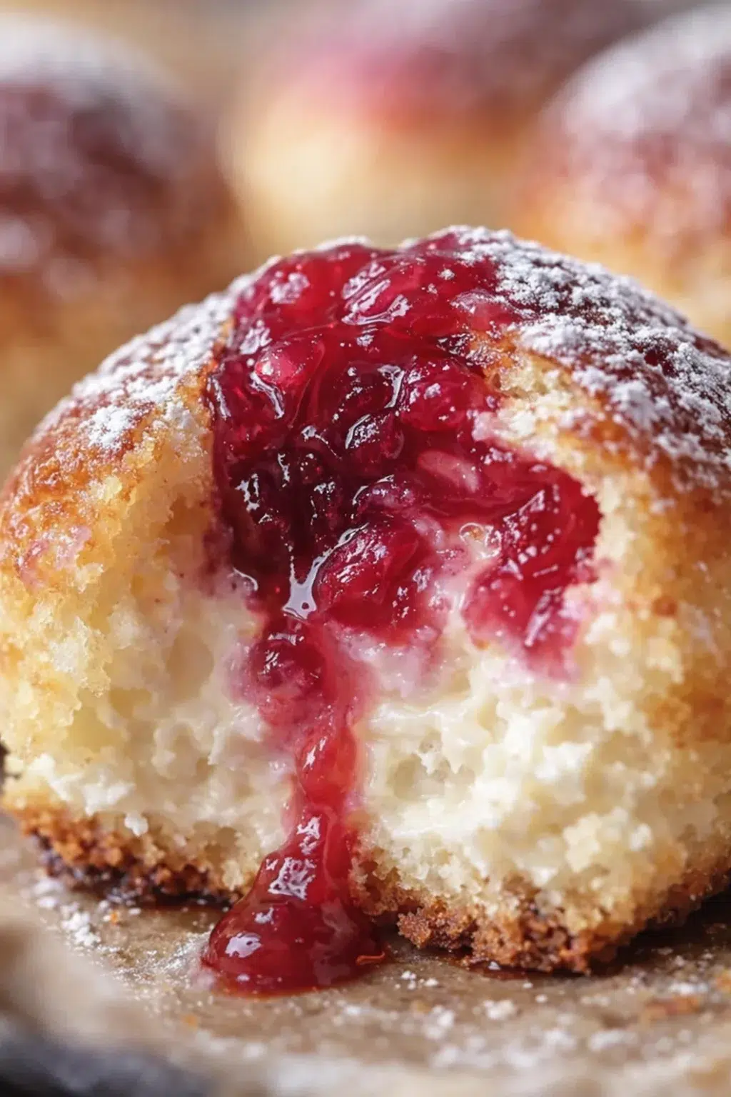 Close-up of a jam-filled donut with white cream center, dusted with powdered sugar.