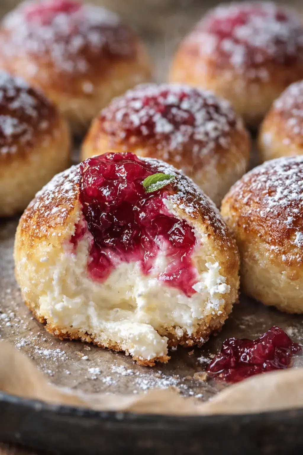 Close-up of glazed doughnut bites with white cream and red jam filling, dusted with powdered sugar.