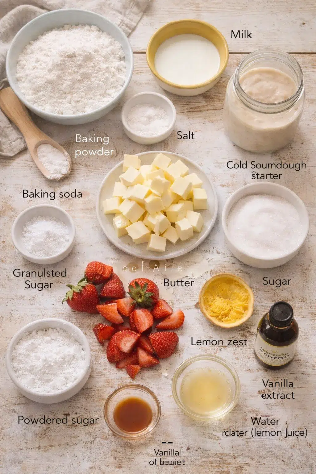 overhead view of organized baking ingredients: butter cubes, flour, sugar, milk, starter, strawberries