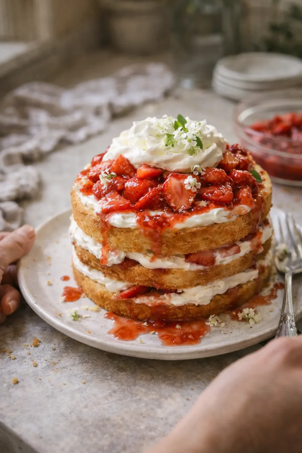 three-layer strawberry shortcake with whipped cream and fresh strawberries on a plate
