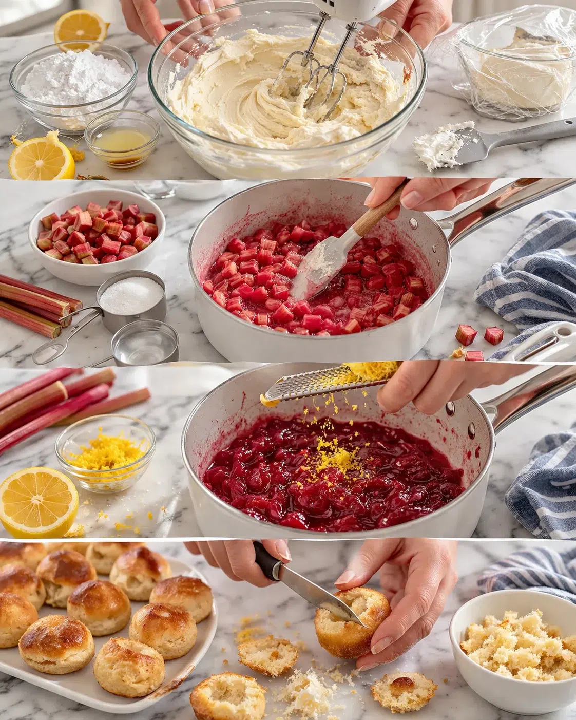 Bright marble kitchen collage showing butter creaming, rhubarb stew, lemon zest, and mini buns