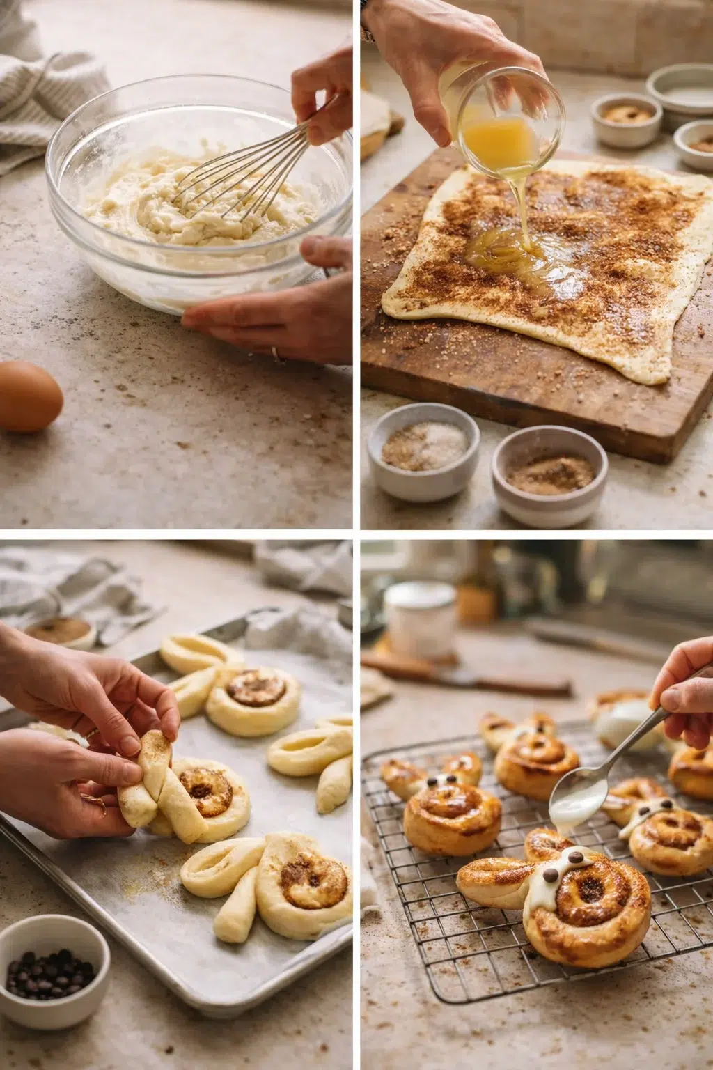 Collage showing whisking batter, shaping dough, and baking cinnamon rolls